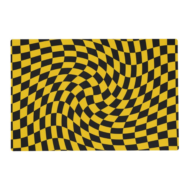 Retro Warped Black Yellow Checks Checkered   Placemat (Front)