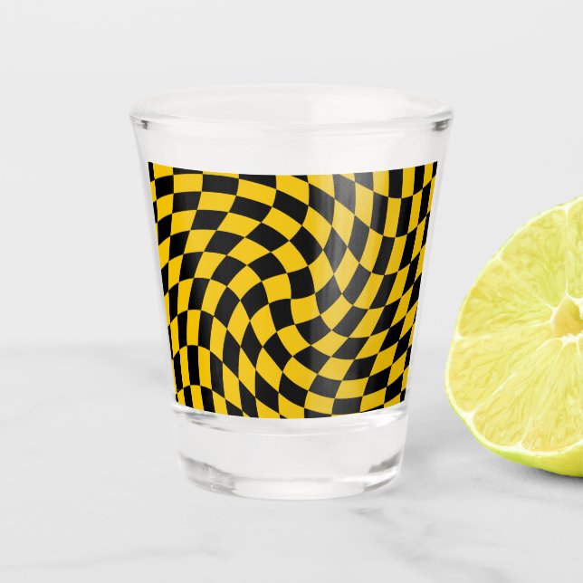 Retro Warped Black Yellow Checks Checkered  Shot Glass (Front)