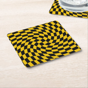 Retro Warped Black Yellow Checks Checkered  Square Paper Coaster