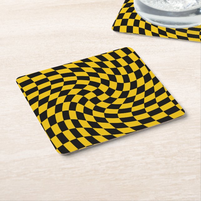 Retro Warped Black Yellow Checks Checkered  Square Paper Coaster (Angled)