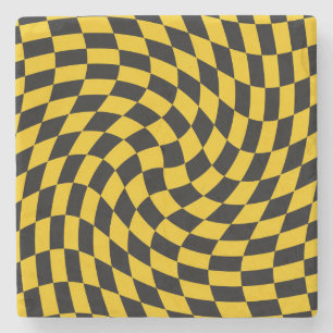 Retro Warped Black Yellow Checks Checkered Stone Coaster