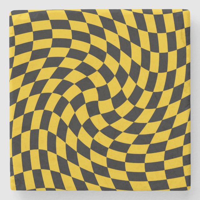 Retro Warped Black Yellow Checks Checkered  Stone Coaster (Front)