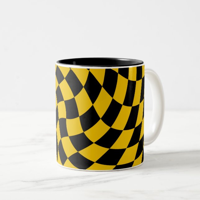 Retro Warped Black Yellow Checks Checkered  Two-Tone Coffee Mug (Front Right)