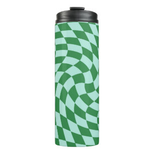 Retro Warped Blue Green Checks Checkered   Thermal Tumbler