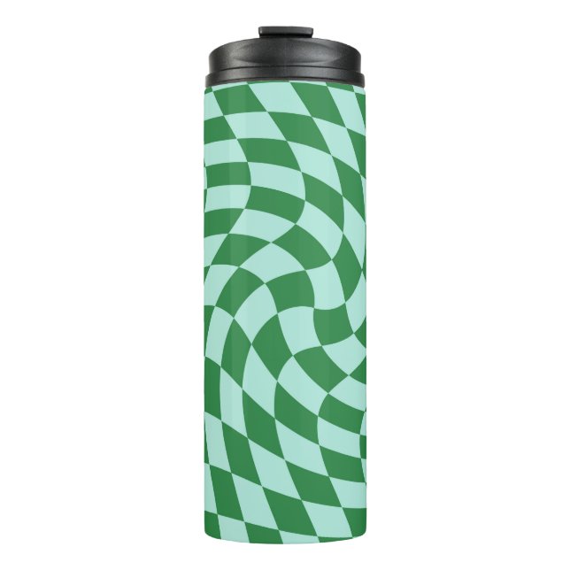 Retro Warped Blue Green Checks Checkered   Thermal Tumbler (Front)