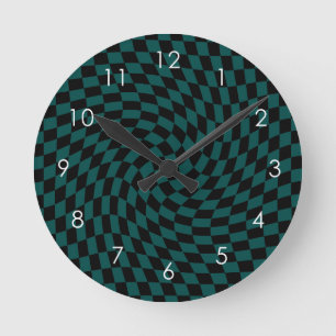 Retro Warped Green Black Checks Checkered Round Clock