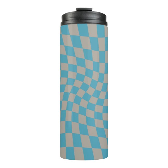 Retro Warped Grey Blue Check Checks Checkered  Thermal Tumbler (Front)