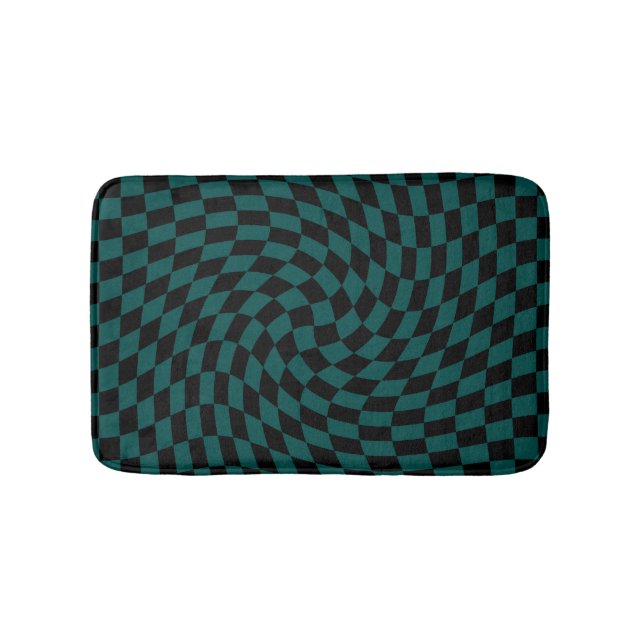 Retro Warped Jungle Green Black Checks Checkered   Bath Mat (Front)
