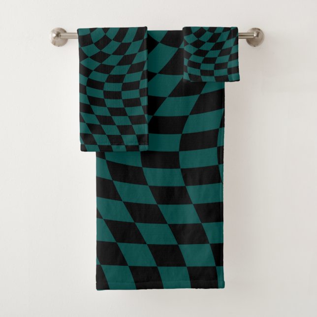 Retro Warped Jungle Green Black Checks Checkered  Bath Towel Set (Insitu)