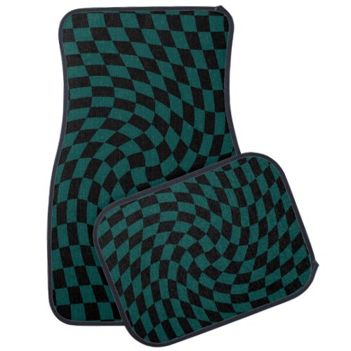 Retro Warped Jungle Green Black Checks Checkered   Car Floor Mat