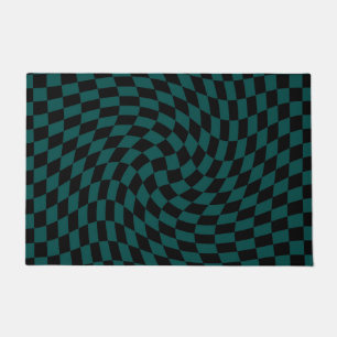 Retro Warped Jungle Green Black Checks Checkered Doormat