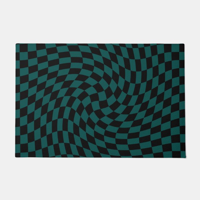 Retro Warped Jungle Green Black Checks Checkered   Doormat (Front)