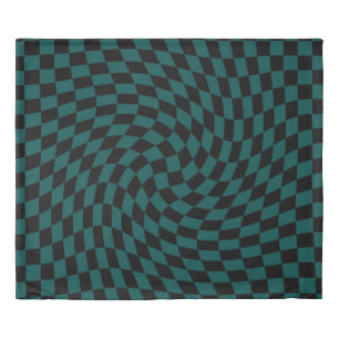 Retro Warped Jungle Green Black Checks Checkered  Duvet Cover