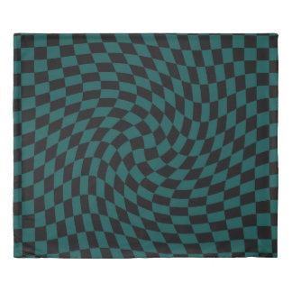Retro Warped Jungle Green Black Checks Checkered Duvet Cover