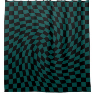 Retro Warped Jungle Green Black Checks Checkered   Shower Curtain