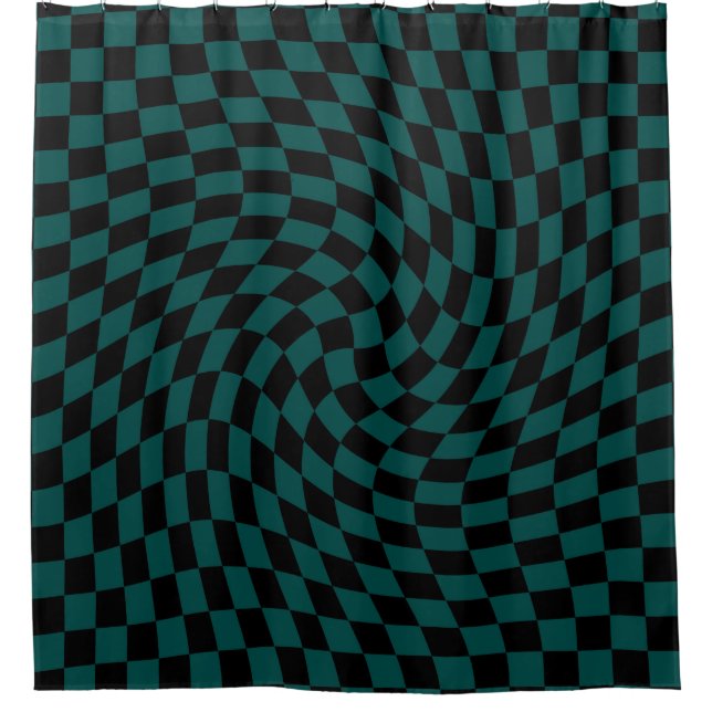 Retro Warped Jungle Green Black Checks Checkered   Shower Curtain (Front)