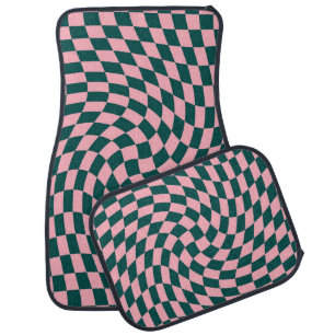 Retro Warped Jungle Green Pink Checks Checkered Car Floor Mat