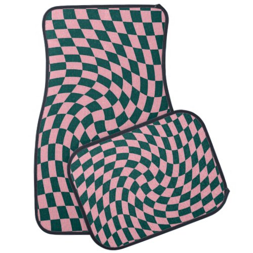 Retro Warped Jungle Green Pink Checks Checkered Car Floor Mat