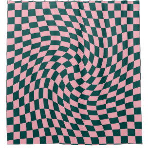 Retro Warped Jungle Green Pink Checks Checkered   Shower Curtain
