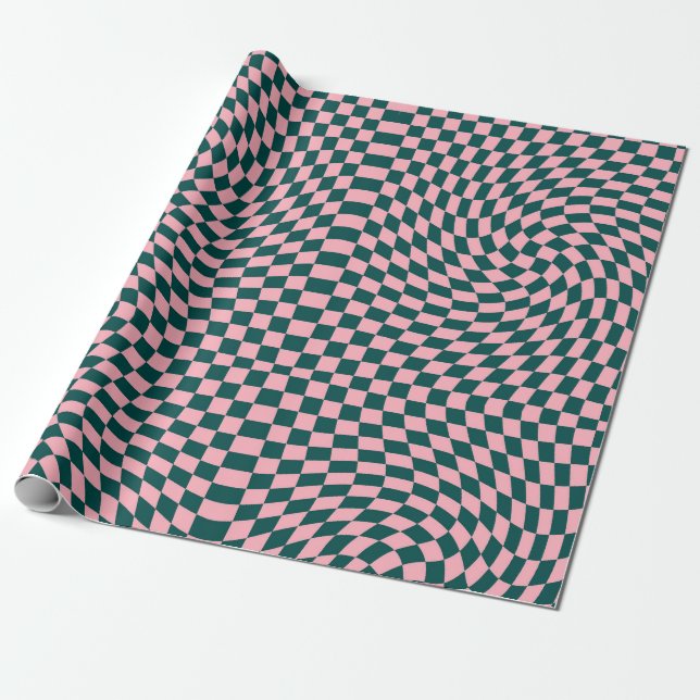 Retro Warped Jungle Green Pink Checks Checkered   Wrapping Paper (Unrolled)