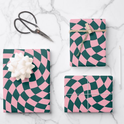 Retro Warped Jungle Green Pink Checks Checkered Wrapping Paper Sheets