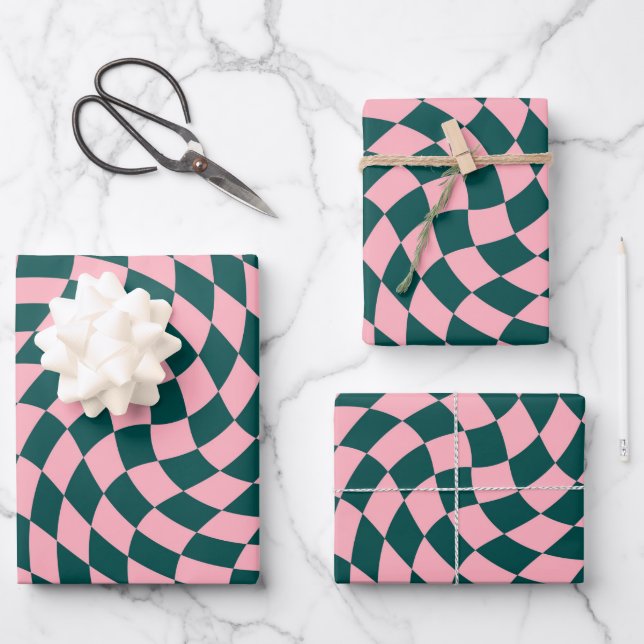 Retro Warped Jungle Green Pink Checks Checkered Wrapping Paper Sheets (Front)