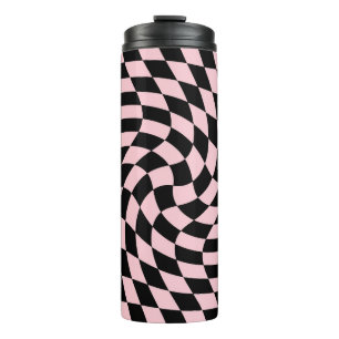 Retro Warped Pastel Black Pink Checks Checkered  Thermal Tumbler
