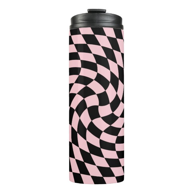 Retro Warped Pastel Black Pink Checks Checkered  Thermal Tumbler (Front)