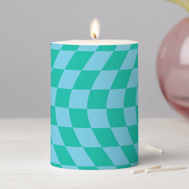 Retro Warped Pastel Blue Check Checks Checkered Pillar Candle (In Situ)