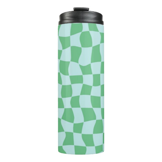 Retro Warped Pastel Blue Checks Checkered Thermal Tumbler (Front)