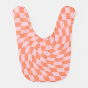 Retro Warped Pastel Coral Pink Checks Checkered Baby Bib