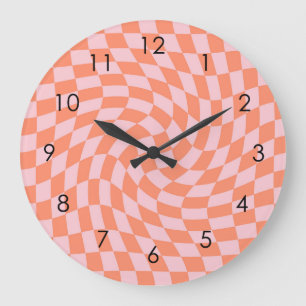 Retro Warped Pastel Coral Pink Checks Checkered Large Clock