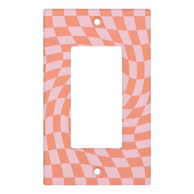 Retro Warped Pastel Coral Pink Checks Checkered Light Switch Cover (Front)