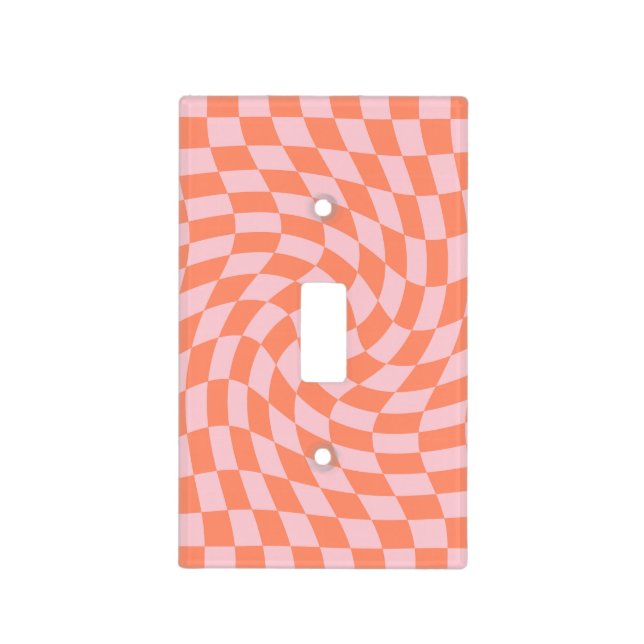 Retro Warped Pastel Coral Pink Checks Checkered Light Switch Cover (Front)
