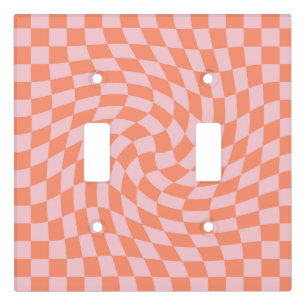 Retro Warped Pastel Coral Pink Checks Checkered Light Switch Cover