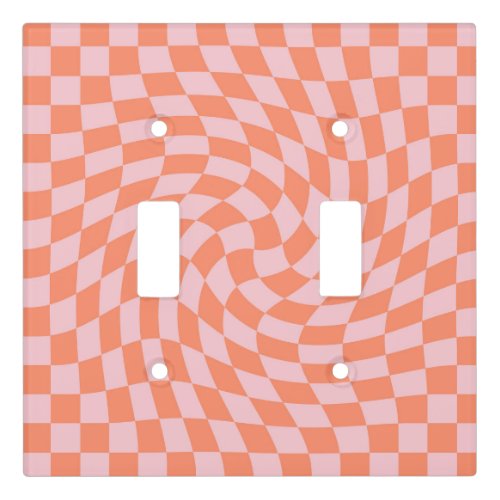 Retro Warped Pastel Coral Pink Checks Checkered  Light Switch Cover