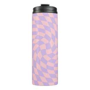 Retro Warped Pastel Lilac Pink Checks Checkered  Thermal Tumbler