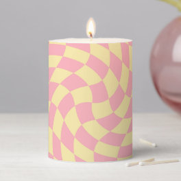 Retro Warped Pastel Pink Check Checks Checkered Pillar Candle
