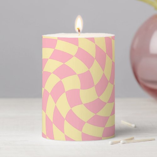 Retro Warped Pastel Pink Check Checks Checkered  Pillar Candle