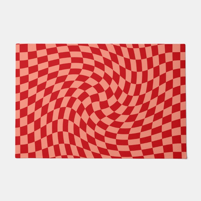Retro Warped Red Peach Checks Checkered Dorm  Doormat (Front)