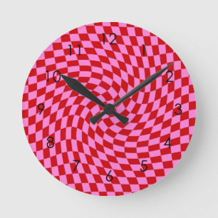 Retro Warped Red Pink Checks Checkered Round Clock