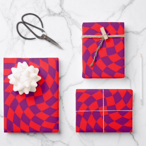 Retro Warped Red Purple Checks Checkered    Wrapping Paper Sheets