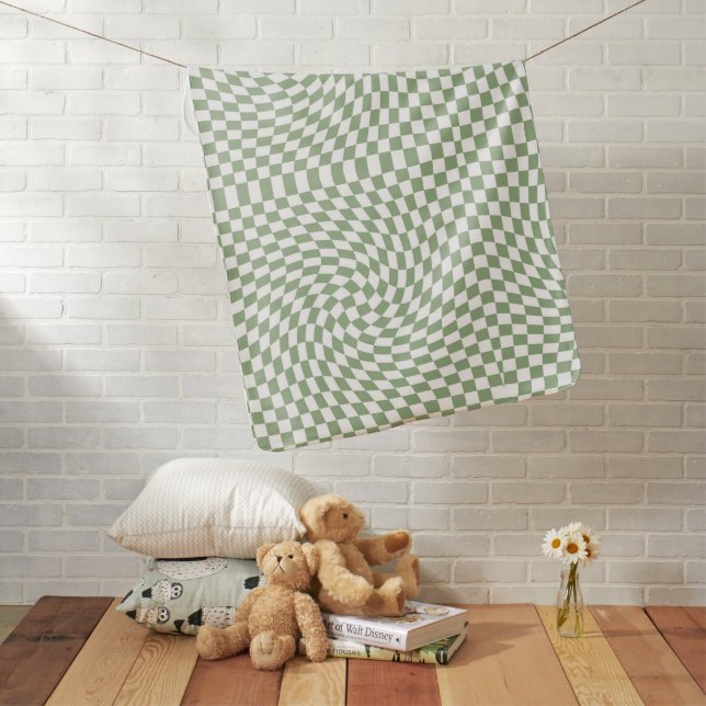 Retro Warped Sage Green White Checks Checkered   Baby Blanket (In Situ)