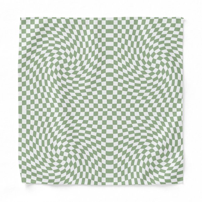 Retro Warped Sage Green White Checks Checkered  Bandana (Front)