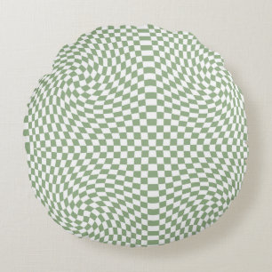 Retro Warped Sage Green White Checks Checkered Round Pillow