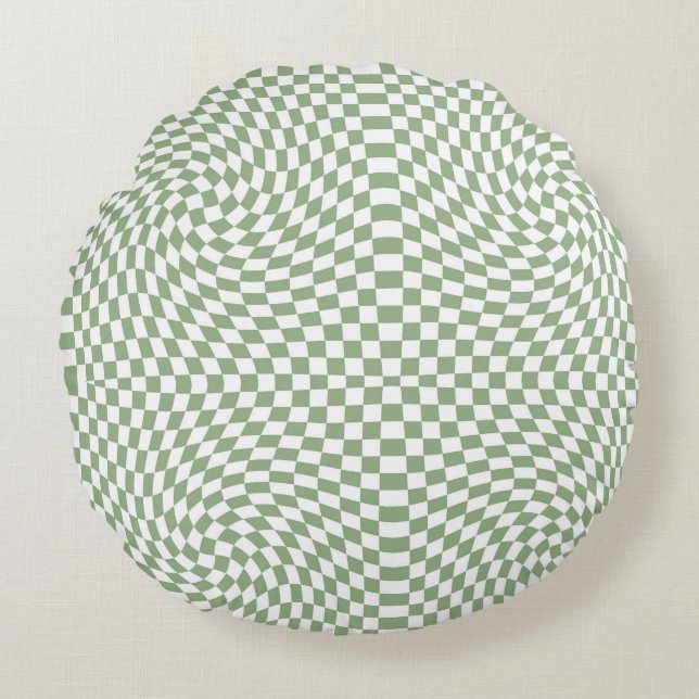 Retro Warped Sage Green White Checks Checkered  Round Pillow (Front)