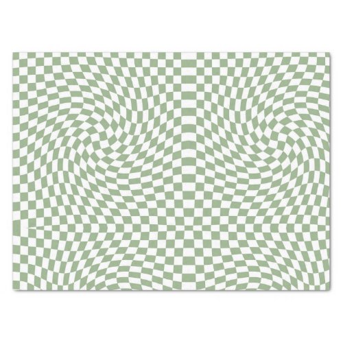Retro Warped Sage Green White Checks Checkered Tissue Paper