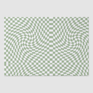 Retro Warped Sage Green White Checks Checkered Tissue Paper