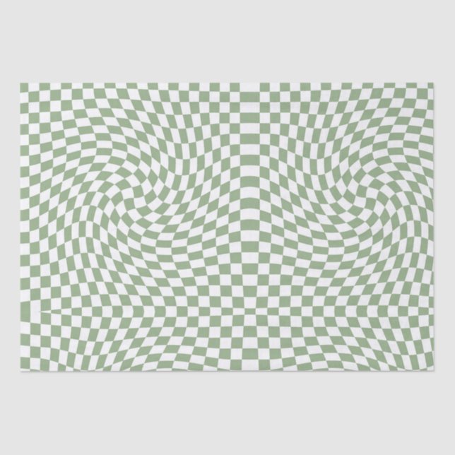 Retro Warped Sage Green White Checks Checkered Tissue Paper (Front)