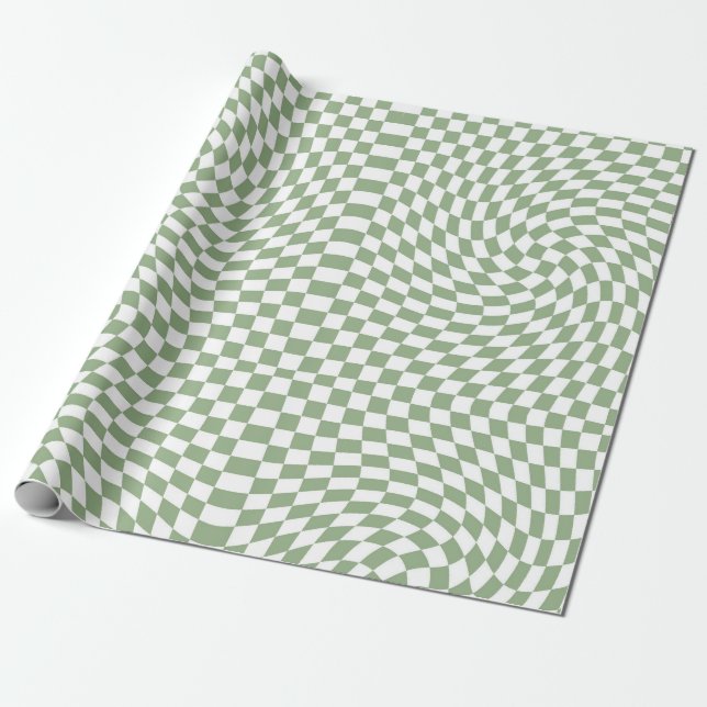 Retro Warped Sage Green White Checks Checkered  Wrapping Paper (Unrolled)